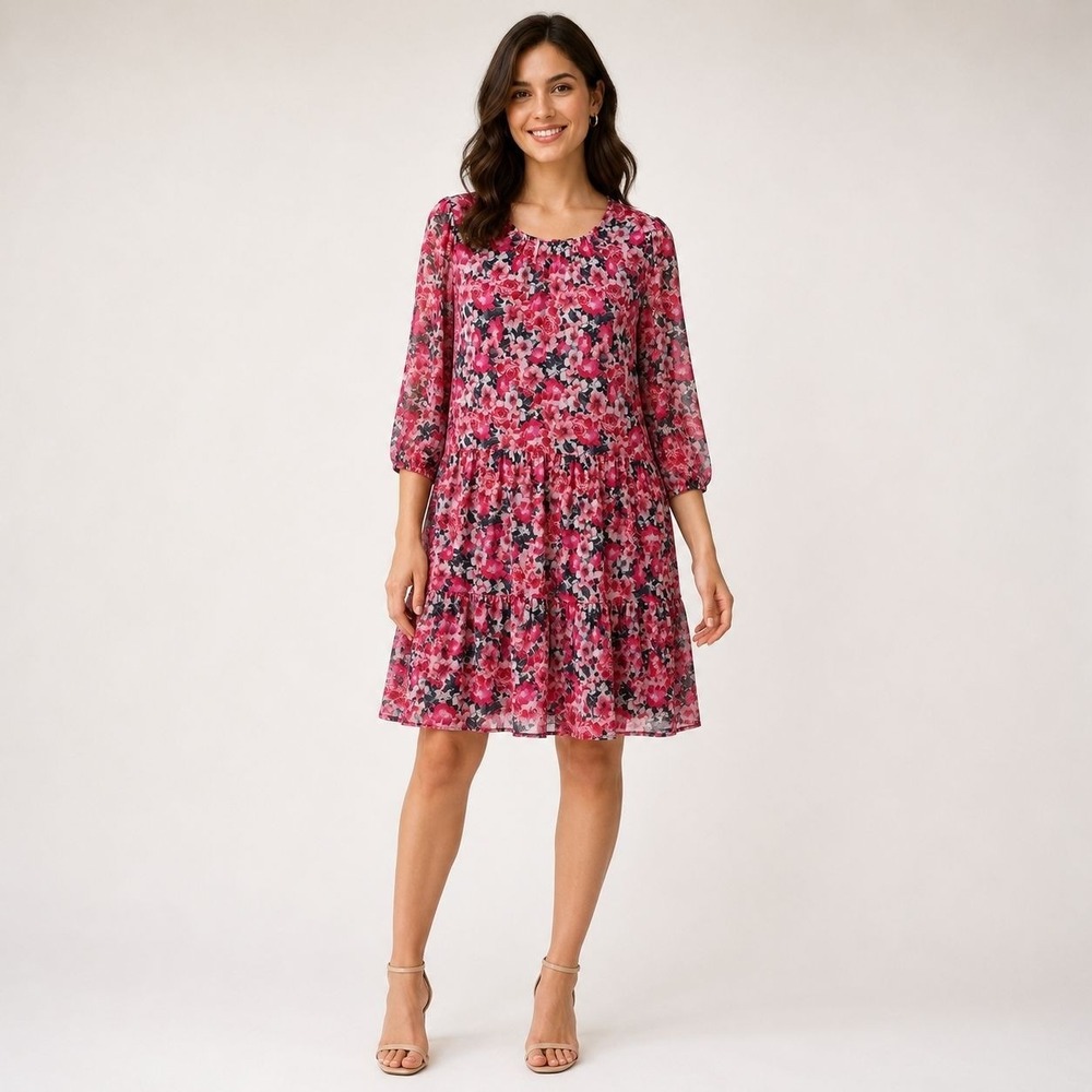 Morgan Taylor Womens M Knee Length Dress Tiered Mesh Floral 3/4 Sleeve